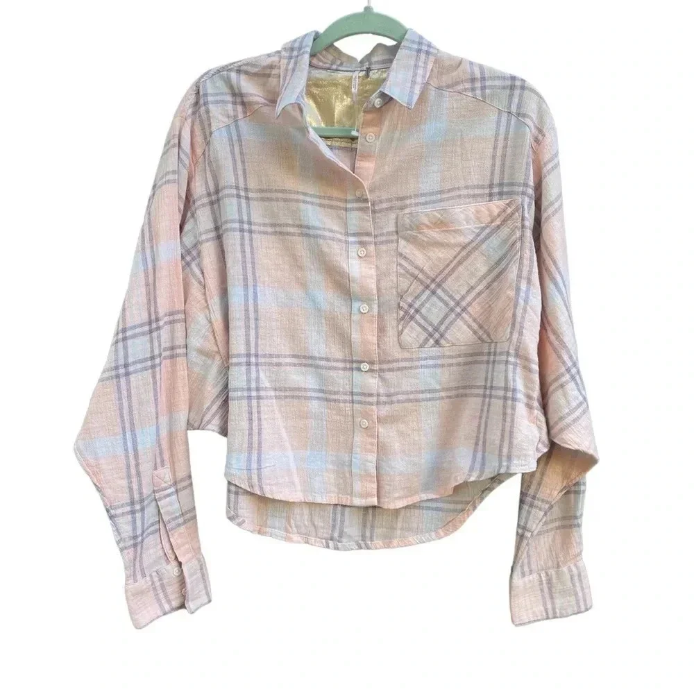 FREE PEOPLE PLAID CROPPED BUTTON DOWN
